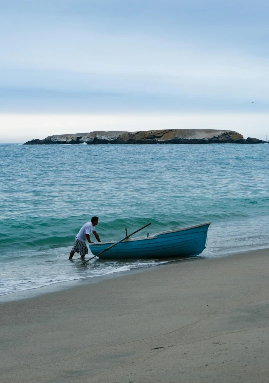 a man is pulling a boat out of the water, by Peter Churcher, chilean, 4k image”, serene beach setting, full frame image