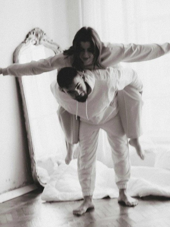 a man carrying a woman on his back, pexels contest winner, surrealism, wearing white pajamas, wearing a track suit, with a mirror, gif