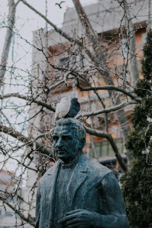 a statue of a man with a bird on his head, a statue, inspired by Perin del Vaga, unsplash contest winner, can basdogan, 🚿🗝📝, the godfather, january and february