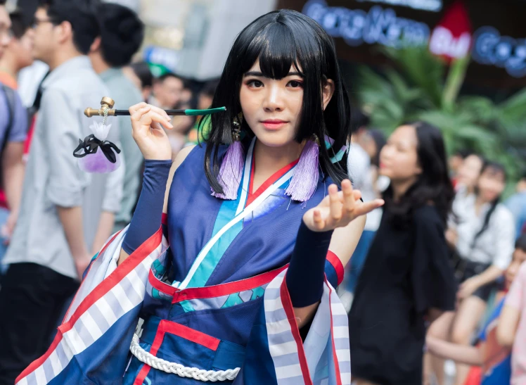 a woman in a kimono is holding an umbrella, an album cover, by Jin Homura, unsplash, cosplay, pharah from overwatch, a person at a music festival, more details