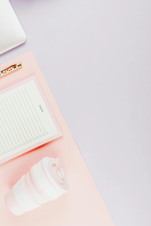 a laptop computer sitting on top of a pink desk, lilac, product image, lined paper, detail shot