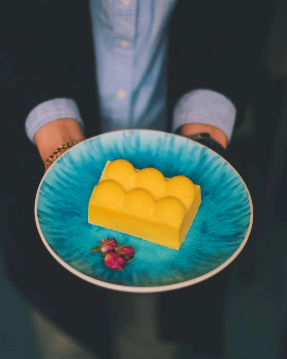 a person holding a plate with a piece of cheese on it, soap carving, lego, vibrantly lush, diner