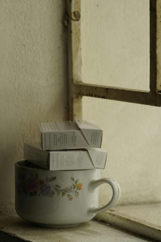 a stack of books sitting on top of a cup, inspired by Pieter de Hooch, white powder bricks, salvia, shot from cinematic, brown