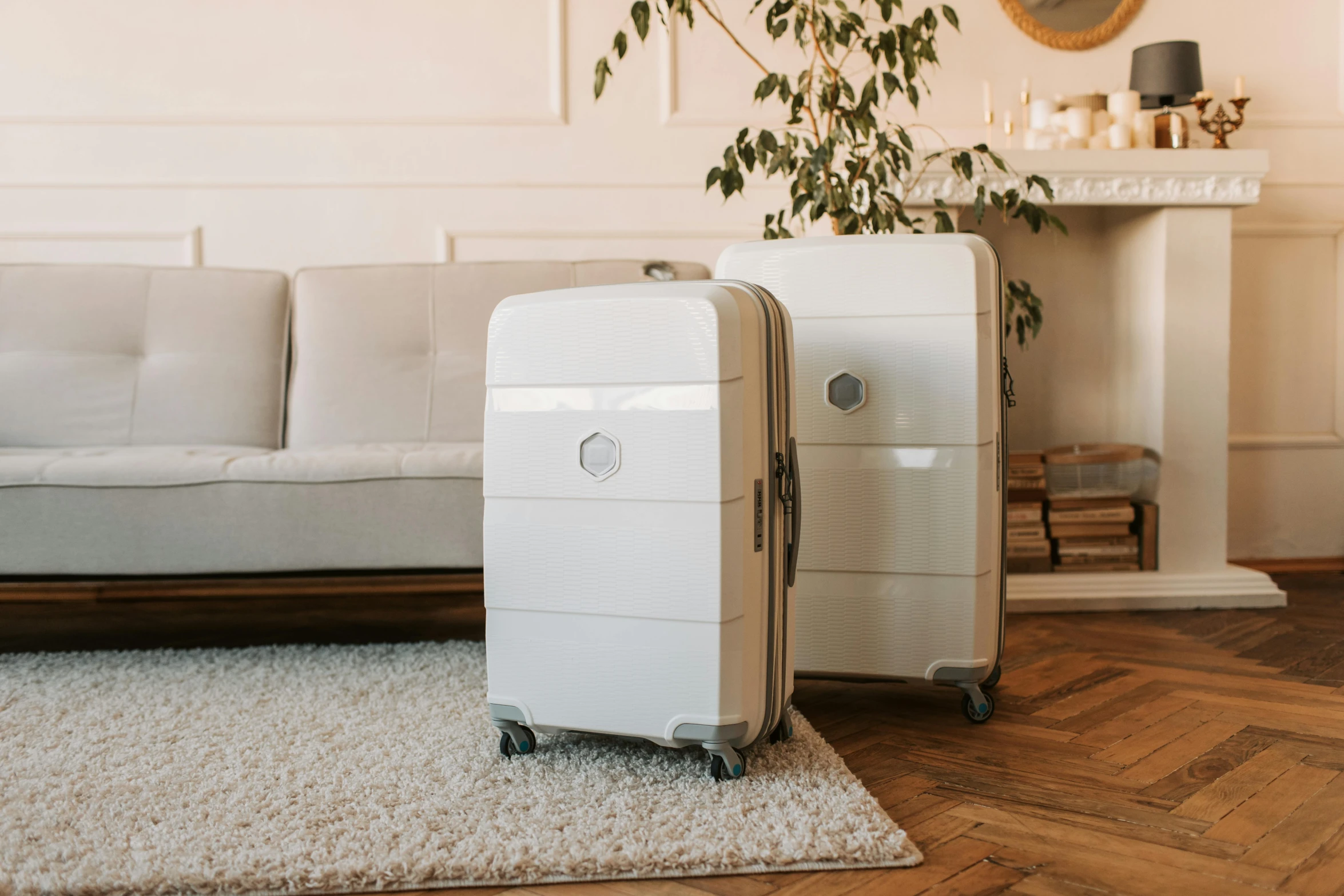 two pieces of luggage are on a carpet and a sofa