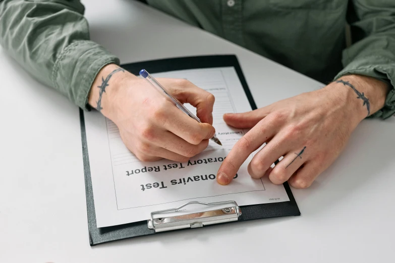 a person sitting at a table writing on a piece of paper, selling insurance, idealised, holding a clipboard, thumbnail