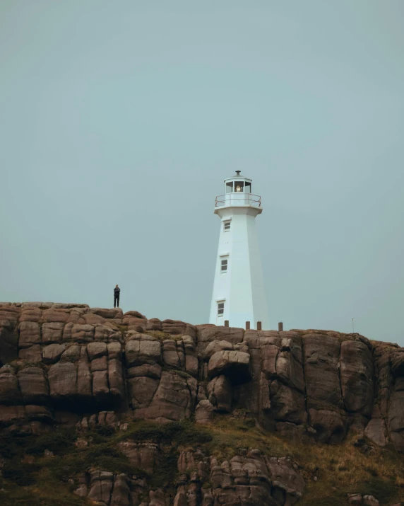 a white lighthouse sitting on top of a rocky cliff, by Ryan Pancoast, pexels contest winner, lgbtq, quebec, a photo of a man, background image