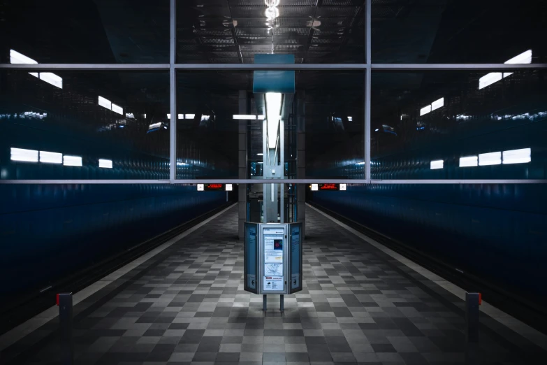 an empty train station with a checkered floor, inspired by Thomas Struth, unsplash contest winner, hyperrealism, blue glow, sci-fi vending machine, hannover, hyperrealism photo