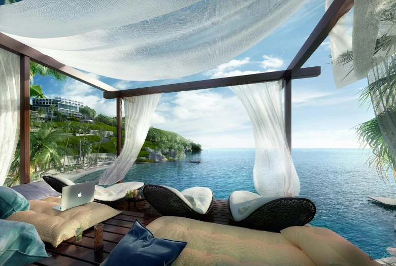 the outside of a bed in a beach resort