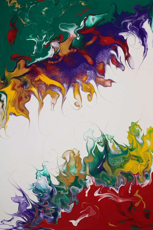 a close up of a painting on a wall, inspired by Morris Louis Bernstein, dribble, purple and green fire, alcohol inks on parchment, psychedelic flowing hair, 144x144 canvas