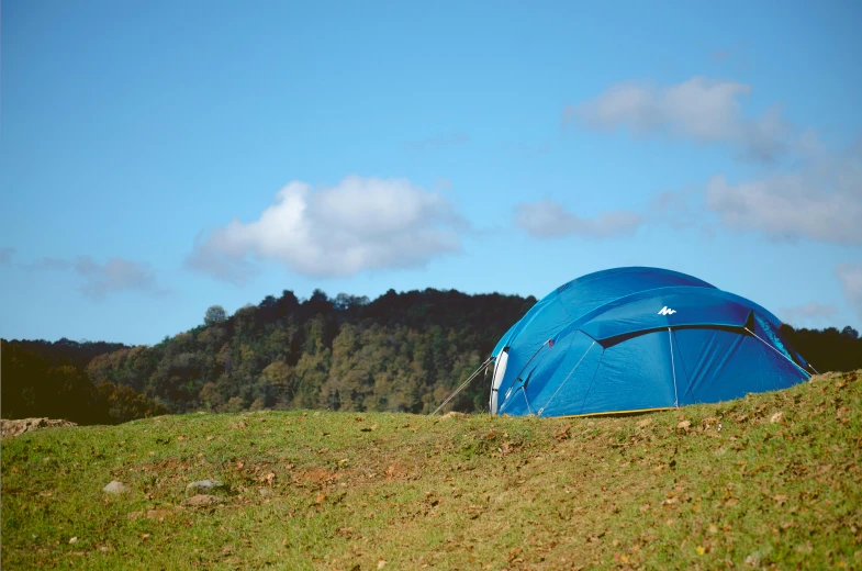 a blue tent sitting on top of a lush green hillside, touring, brown, full profile, a brightly coloured