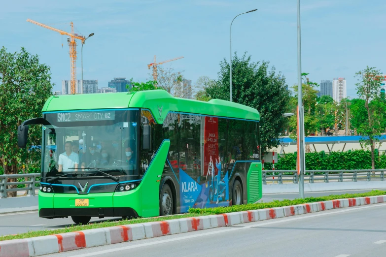 a green bus is driving down the street, gutai group, futuristic phnom-penh cambodia, thumbnail, fan favorite, electric