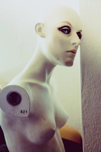 a mannequin holding a roll of toilet paper, inspired by Paul Wunderlich, unsplash, cybernetic eyes implants, singularity sculpted �ー etsy, loish |, animatronic angelina jolie