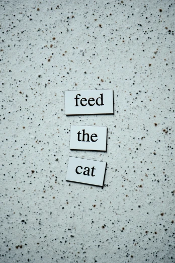 a piece of paper with the words feed the cat on it, by Emma Andijewska, trending on unsplash, concrete poetry, alessio albi, high quality photo, cereal