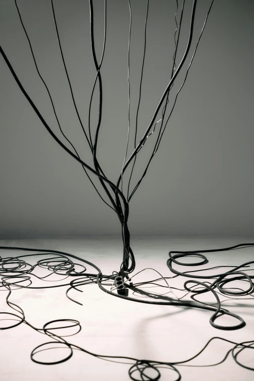 a black and white photo of a wire tree, an abstract sculpture, inspired by Cerith Wyn Evans, unsplash, conceptual art, ethernet cables, high resolution render, made of rubber, withered