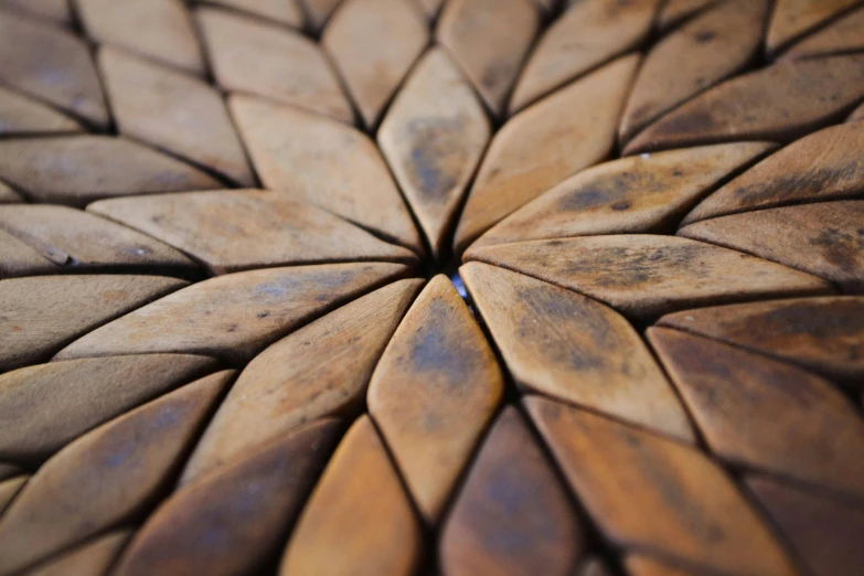 a piece of wood sitting on top of a table, a mosaic, inspired by Ai Weiwei, trending on pexels, lotus petals, closeup - view, brown, round-cropped