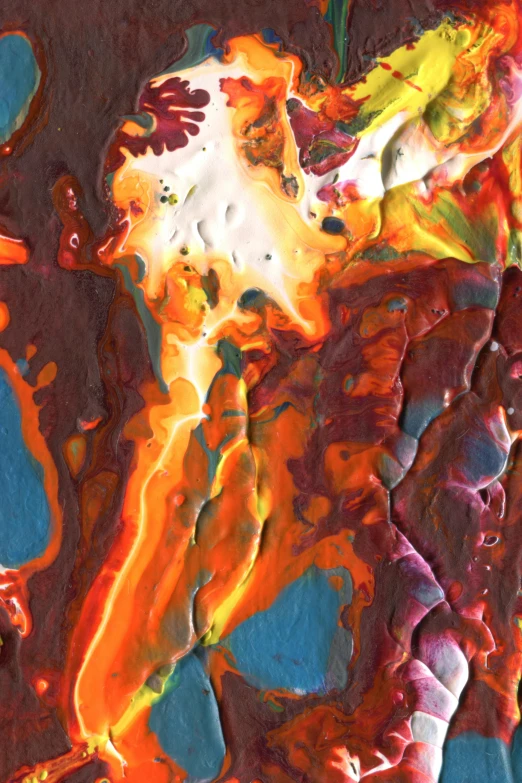 a close up of a painting on a wall, inspired by Lynda Benglis, trending on pexels, fire lava, circuitry. 8k 3d geology, houdini fluid simulation, triadic chrome shading