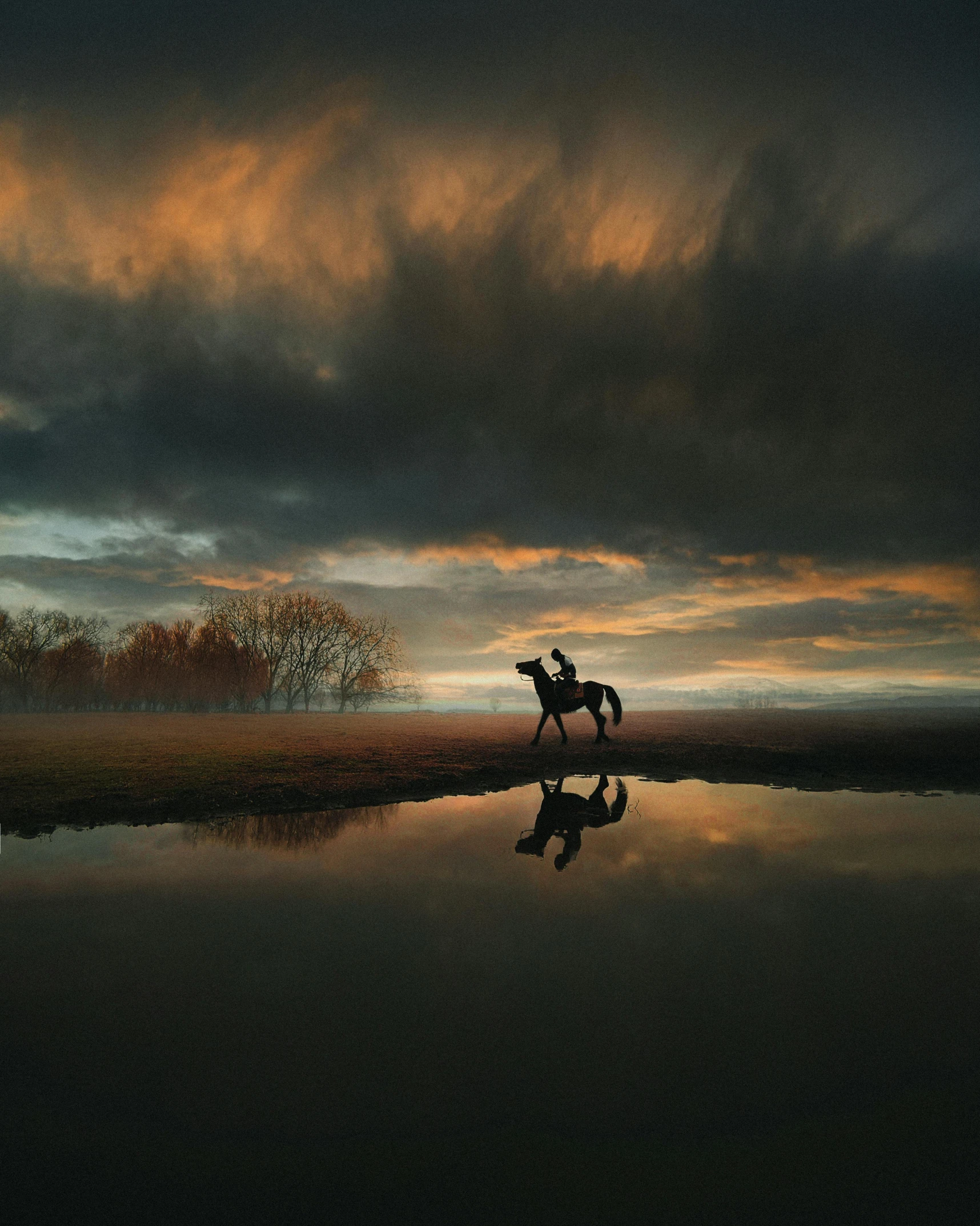 a person riding a horse on top of a body of water, a picture, unsplash contest winner, brooding clouds', reflection on the oil, last light, today\'s featured photograph 4k