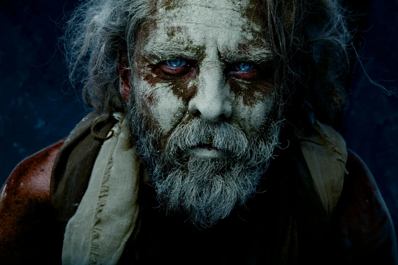 an old man with white paint on his face, an album cover, by Lee Jeffries, renaissance, scene from live action movie, grizzled, color image, from warcraft