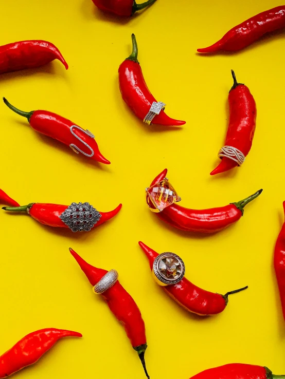 a group of red hot peppers sitting on top of a yellow surface, by Julia Pishtar, trending on pexels, pop art, intricate futuristic jewelry, wearing two metallic rings, trending on artstion, diamond plated superhero