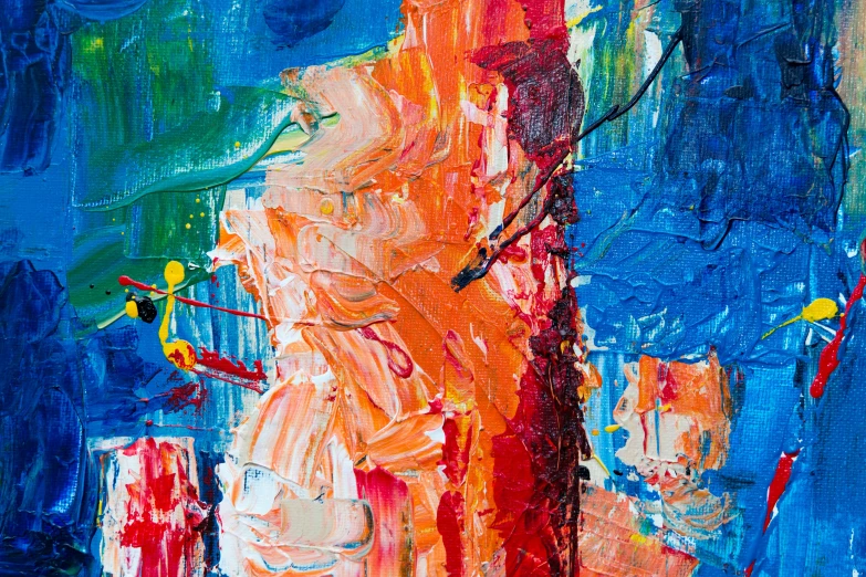 a close up of a painting on a canvas, by Micha Klein, pexels, abstract expressionism, rich bright sunny colors, paint knife, orange and blue, ( ( abstract ) )