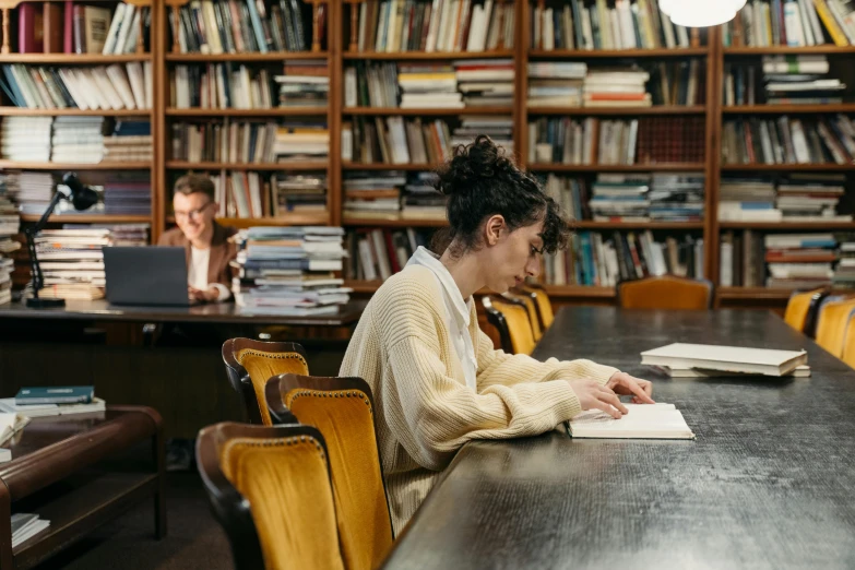 a woman sitting at a table in a library, pexels, academic art, medium shot of two characters, background image, sydney hanson, national art school mfa