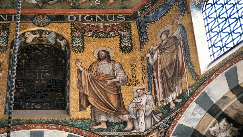 a close up of a painting on the side of a building, a mosaic, inspired by Dionisius, pixabay, inside the tomb of jesus, 2 5 6 x 2 5 6 pixels, gold and white robes, giuseppe dangelico pino