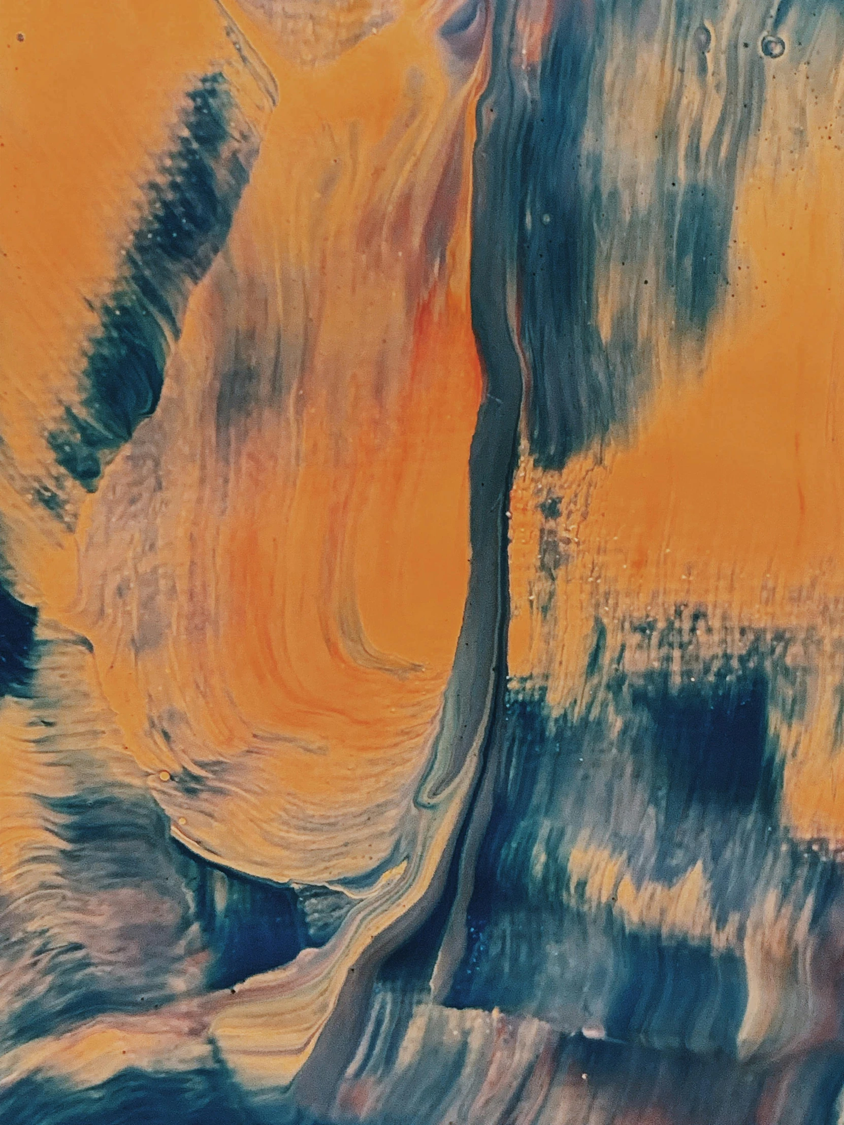 a close up of a painting on a wall, inspired by Yanjun Cheng, trending on unsplash, lyrical abstraction, orange and blue, oil on canvas (1921)”, an oil painting. wave, solarised