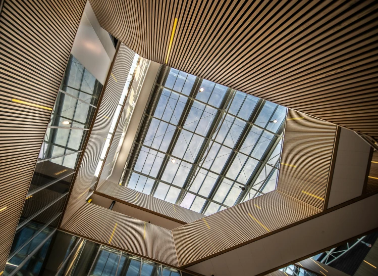 the ceiling of an office building has large vertical patterns