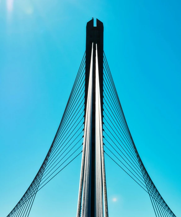 the top of a bridge with a blue sky in the background, by Sven Erixson, pexels contest winner, hypermodernism, santiago calatrava, towering, has cables, portrait of tall