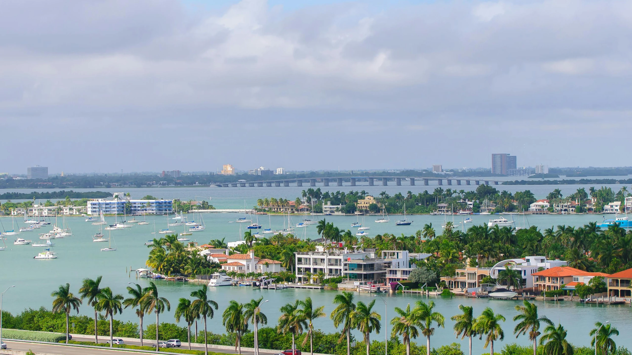 boats are sailing on the ocean by palm trees