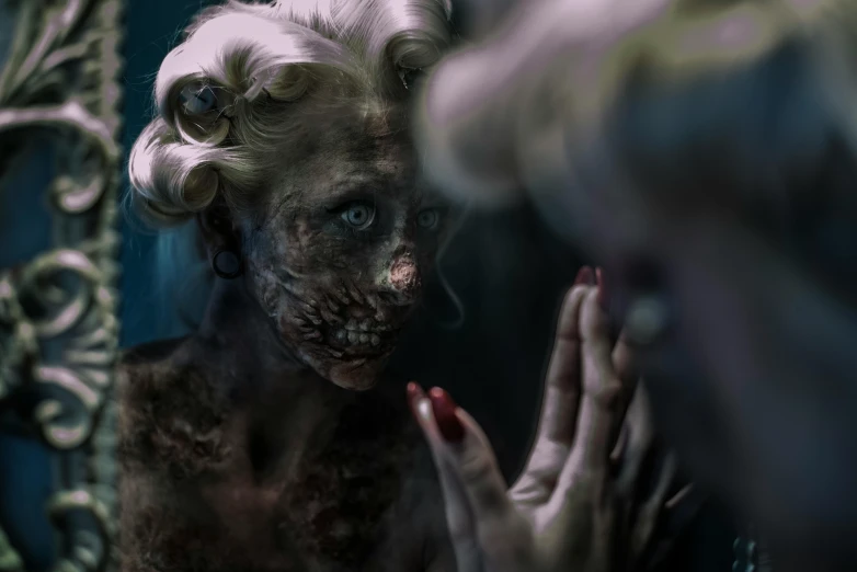 a woman that is standing in front of a mirror, inspired by Gottfried Helnwein, trending on cg society, undead ronald reagan zombie, close up of a blonde woman, cinematic shot ar 9:16 -n 6 -g, elaborate hair worn up