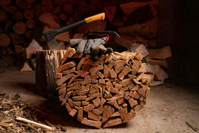 a pile of wood with a hammer sticking out of it, by Haukur Halldórsson, pexels contest winner, large black kettle on hearth, curved blades on each hand, “hyper realistic, holding close