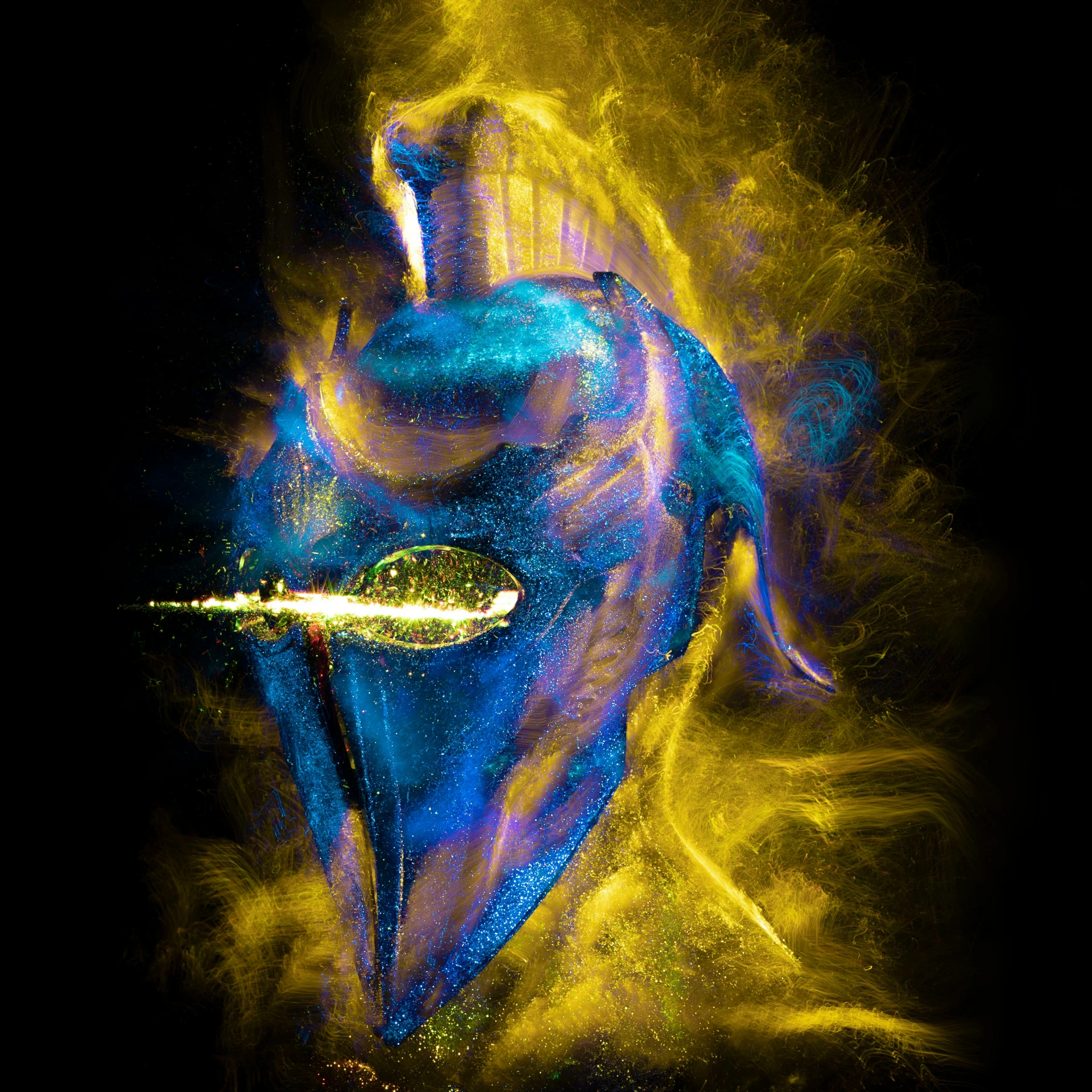 a close up of a person holding a tennis racquet, an airbrush painting, by Gavin Nolan, art photography, eel nebula, firebreathing, blue and yellow fauna, diffuse lightpainting