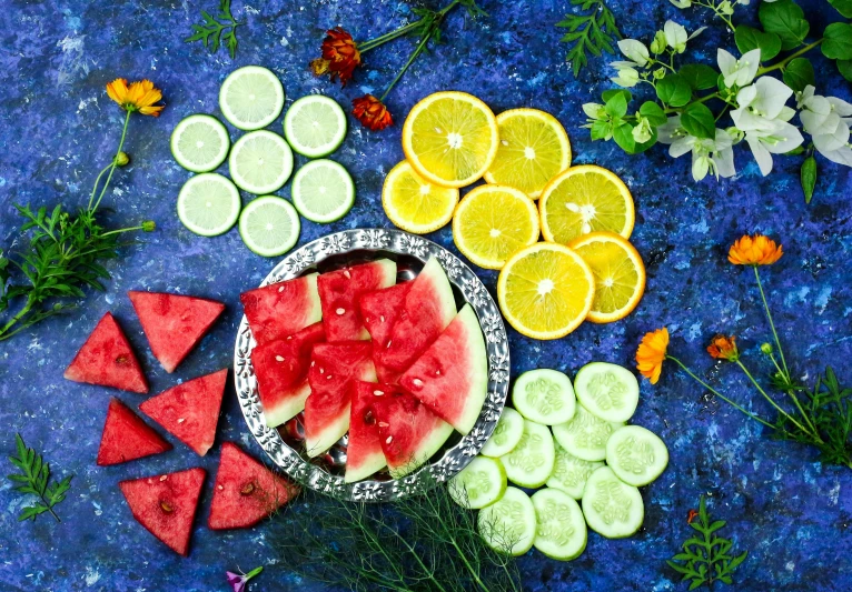 a bowl filled with slices of watermelon, lemons, and cucumbers, by Julia Pishtar, pexels, fine art, green blue red colors, flowers around, avatar image, silver