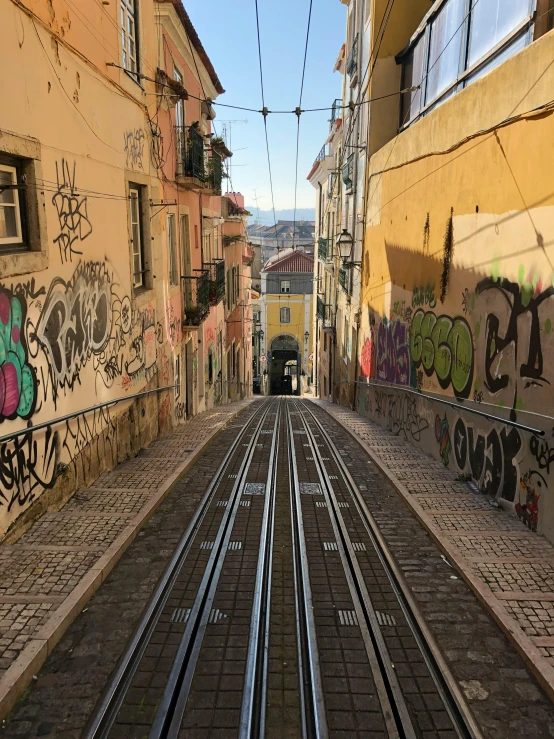 tracks running through an alley with a blue sky