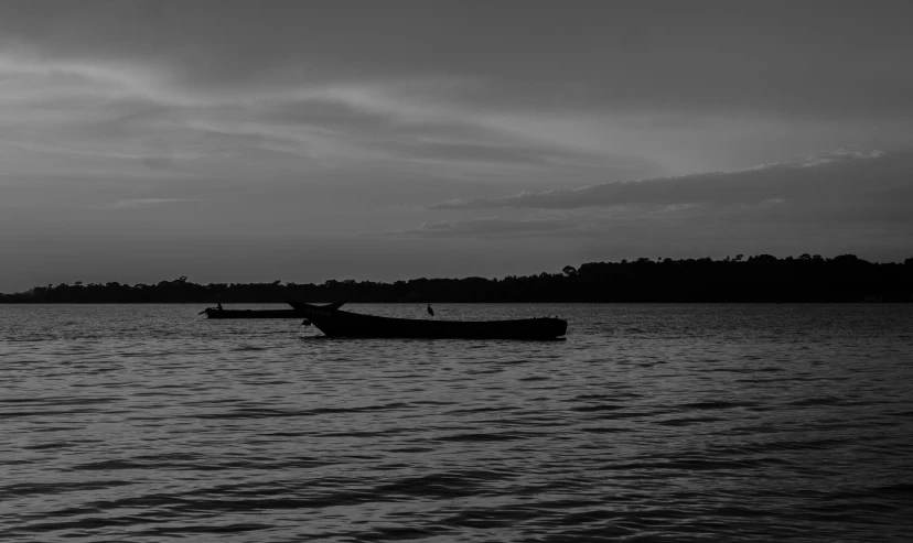 a black and white photo of a boat in the water, by Niklaus Manuel, evening sunset, wide river and lake, 3 boat in river, grey