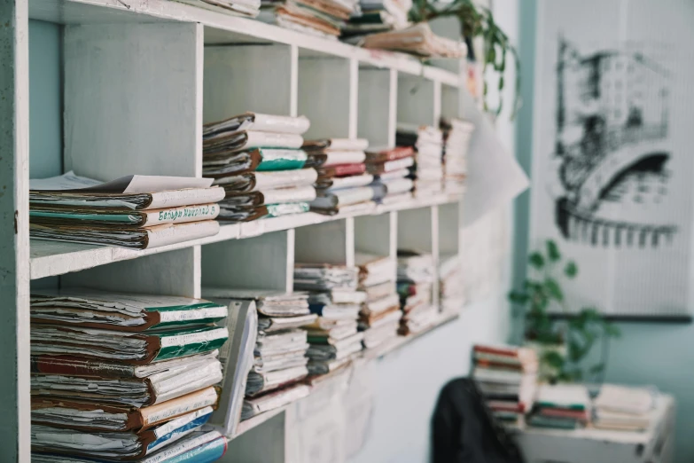 a bookshelf filled with lots of books next to a plant, unsplash, private press, white wall coloured workshop, found papers, postage, messy room