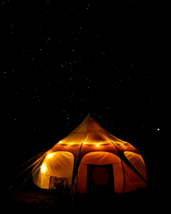 a tent lit up at night with stars in the sky, by Julia Pishtar, vintage glow, super wide, profile image, fan favorite