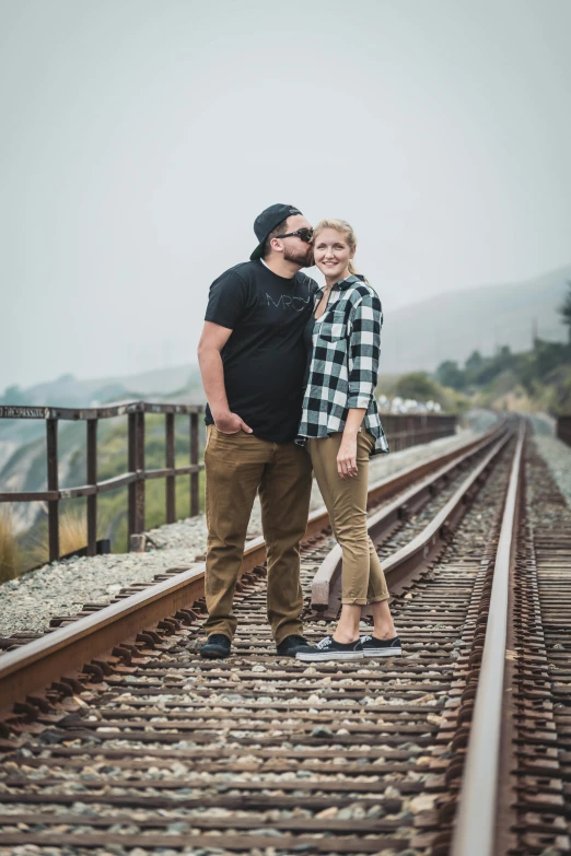 a man and a woman standing on a train track, by Ryan Pancoast, oceanside, vine, dustin lefevre, rugged