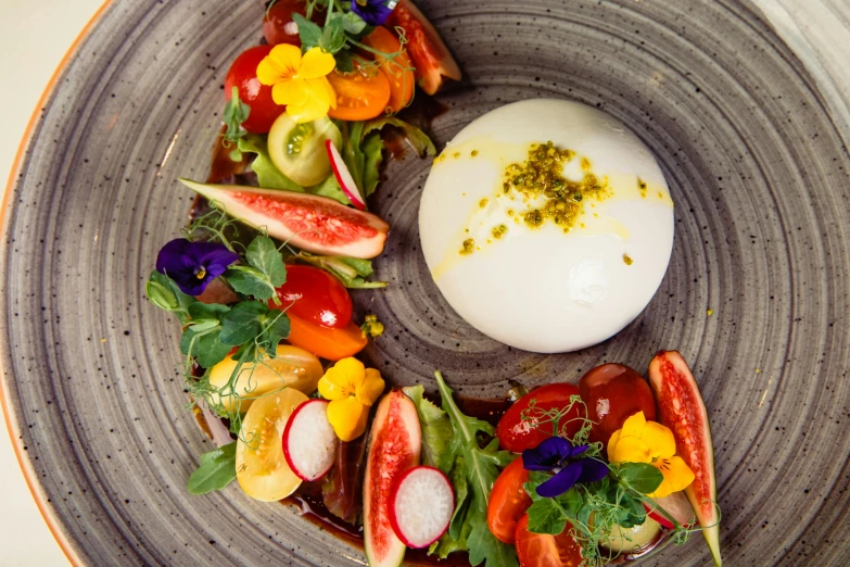 a close up of a plate of food on a table, unsplash, renaissance, mozzarella, lush flora, float, full of colour