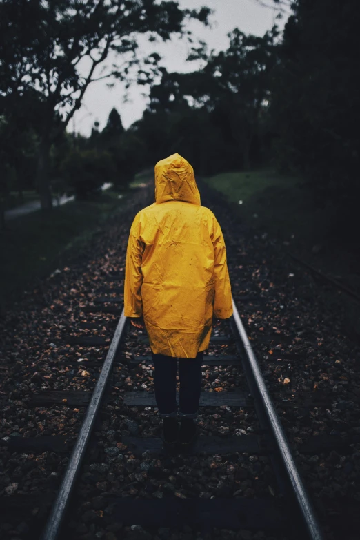 a person in a yellow jacket standing on a train track, pexels contest winner, made out of rain, childhood friend, dark. no text, back facing the camera