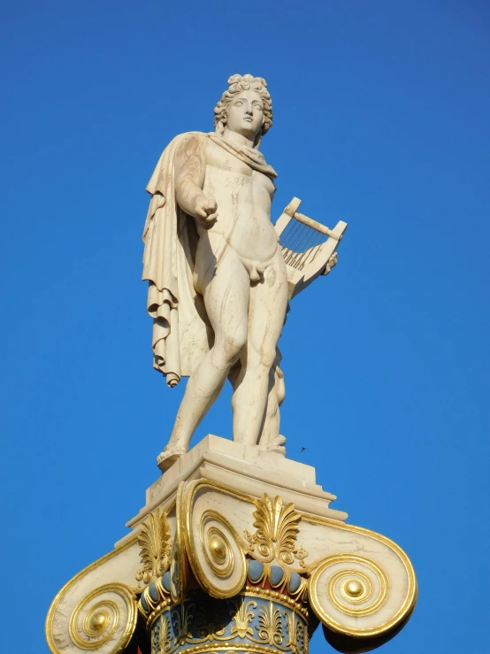 a statue of a man on top of a column, inspired by Antonio Canova, with an harp, épaule devant pose, square