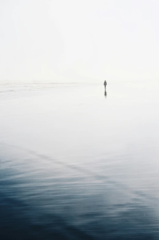 a person standing in the middle of a body of water, by Andrew Geddes, minimalism, lonely human walking, hasselblad photograph, overexposed photograph, silence