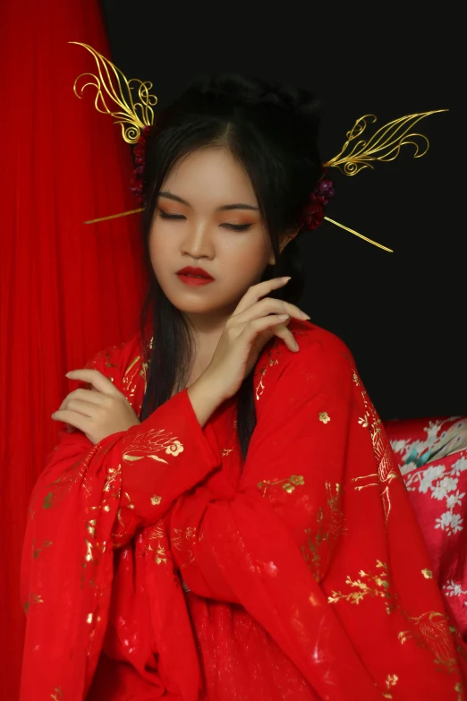 a woman in a red dress posing for a picture, an album cover, inspired by Tang Di, ((wearing aristocrat robe)), dang my linh, gif, 8 k )