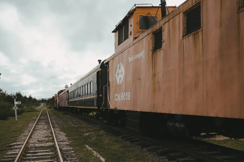 a train traveling down train tracks next to a forest, by Carey Morris, unsplash, graffiti, vintage photo, profile picture 1024px, skies behind, trading depots