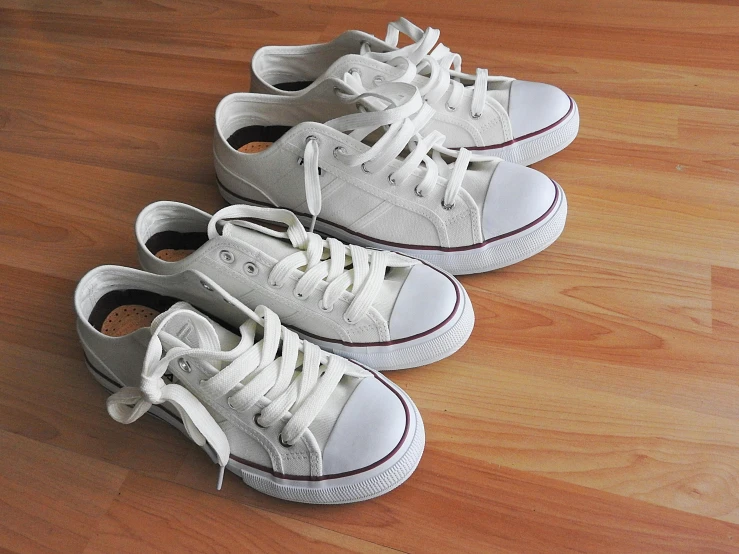 a pair of white sneakers sitting on top of a wooden floor, pixabay, renaissance, threes, various sizes, soft shade, in a row