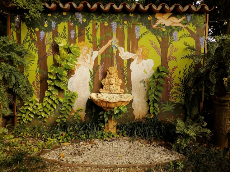 a garden with a fountain in the middle of it, inspired by Konstantin Somov, wall painting, venice biennale's golden lion, image, greg hildebrant