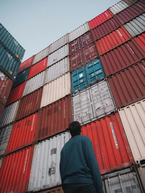 a man standing in front of a stack of shipping containers, pexels contest winner, vaporware aesthetic, avatar image, ignant, language