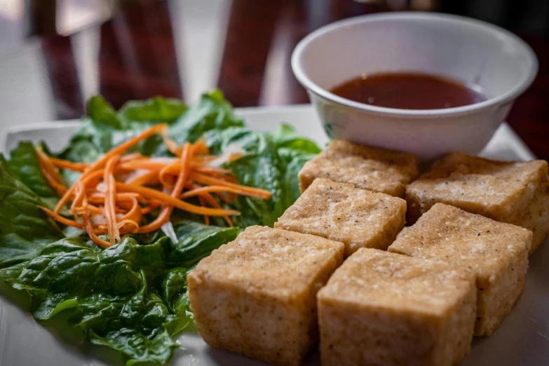 a white plate topped with tofu next to a bowl of sauce, by Matt Cavotta, unsplash, dau-al-set, square, salad, phuoc quan, sandwich with fried tofu