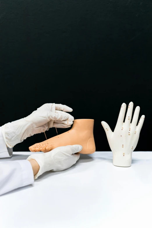 a person in a white lab coat and white gloves, a surrealist sculpture, inspired by Eliot Hodgkin, unsplash, made of rubber, dotting, product display photograph, plating